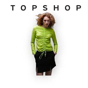 TopShop Long Sleeve Ruched Front Tie Neon Green Lime Crop Top Size 4 NWOT